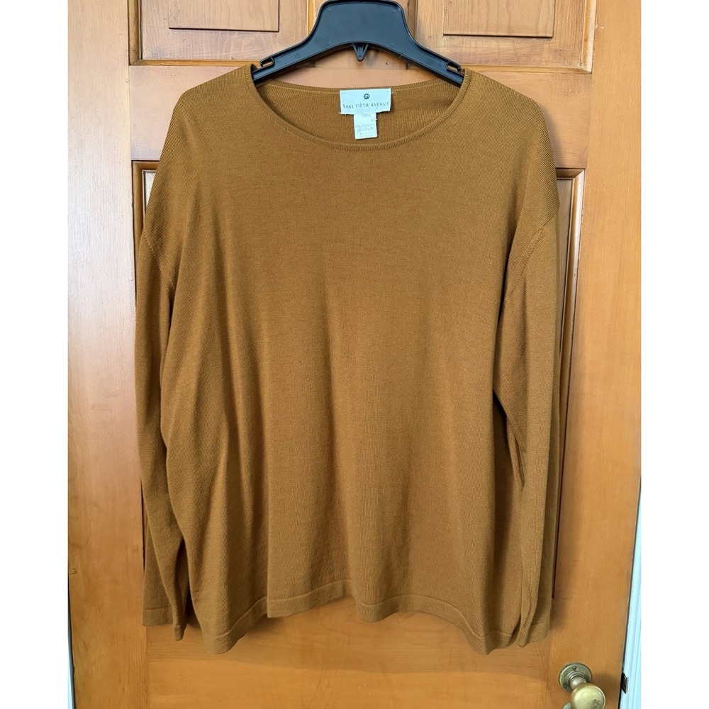 Women's Saks Fifth Avenue Brown Long Sleeve Crewneck Shirt Merino Wool Size L